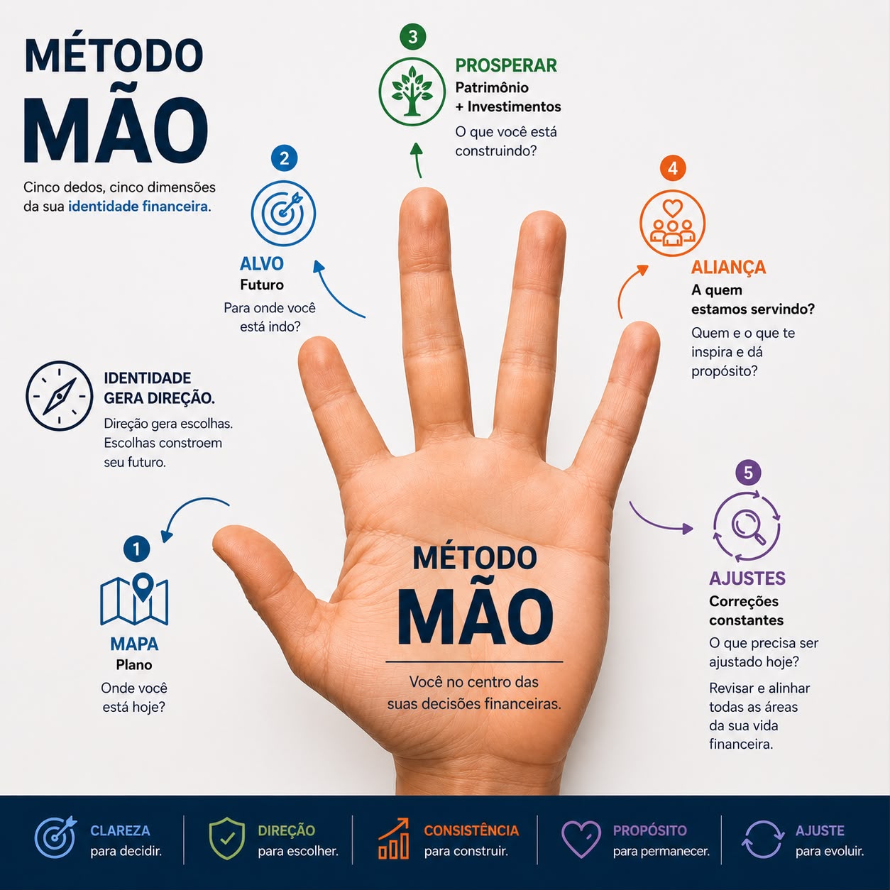 Arte oficial do Método MÃO: cinco dedos representando Mapa, Alvo, Prosperar, Aliança e Ajustes